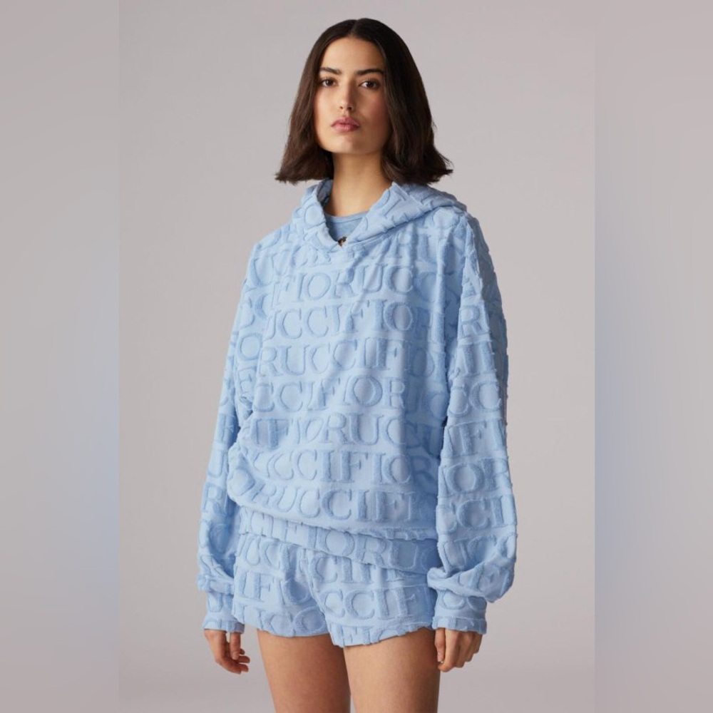 Fiorucci Monogram Blue Hoodie Sweater Terry‎ Cloth Spell Out All Over Sz Medium